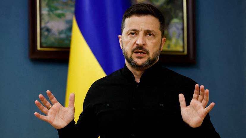 FILE PHOTO: Ukraine's President Zelenskiy speaks during a press briefing, in Kyiv