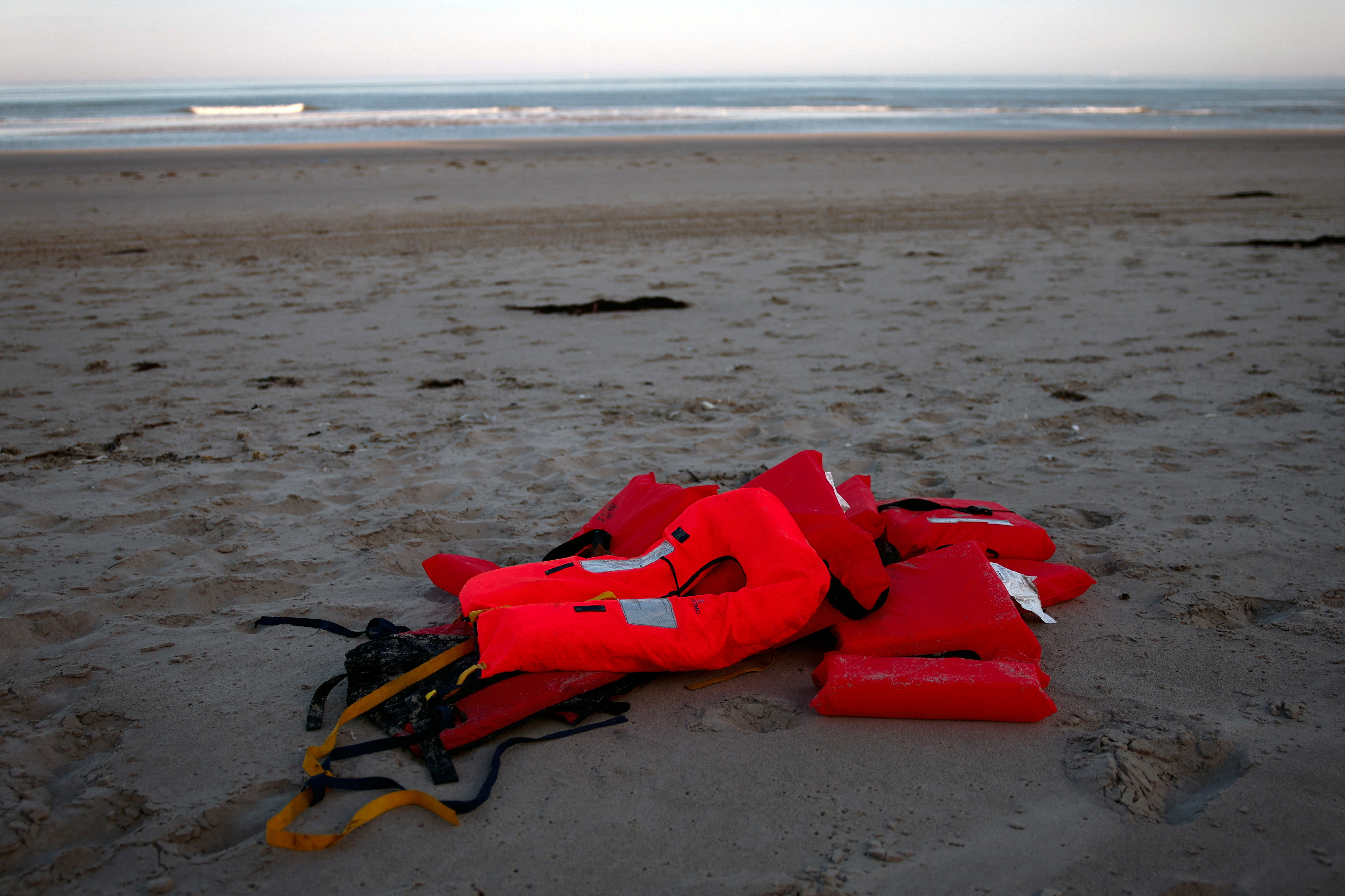 FILE PHOTO: Life jackets left behind by migrants trying to cross the English Channel