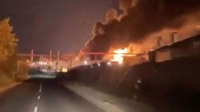 Smoke and fire rise from an industrial facility, in Saratov