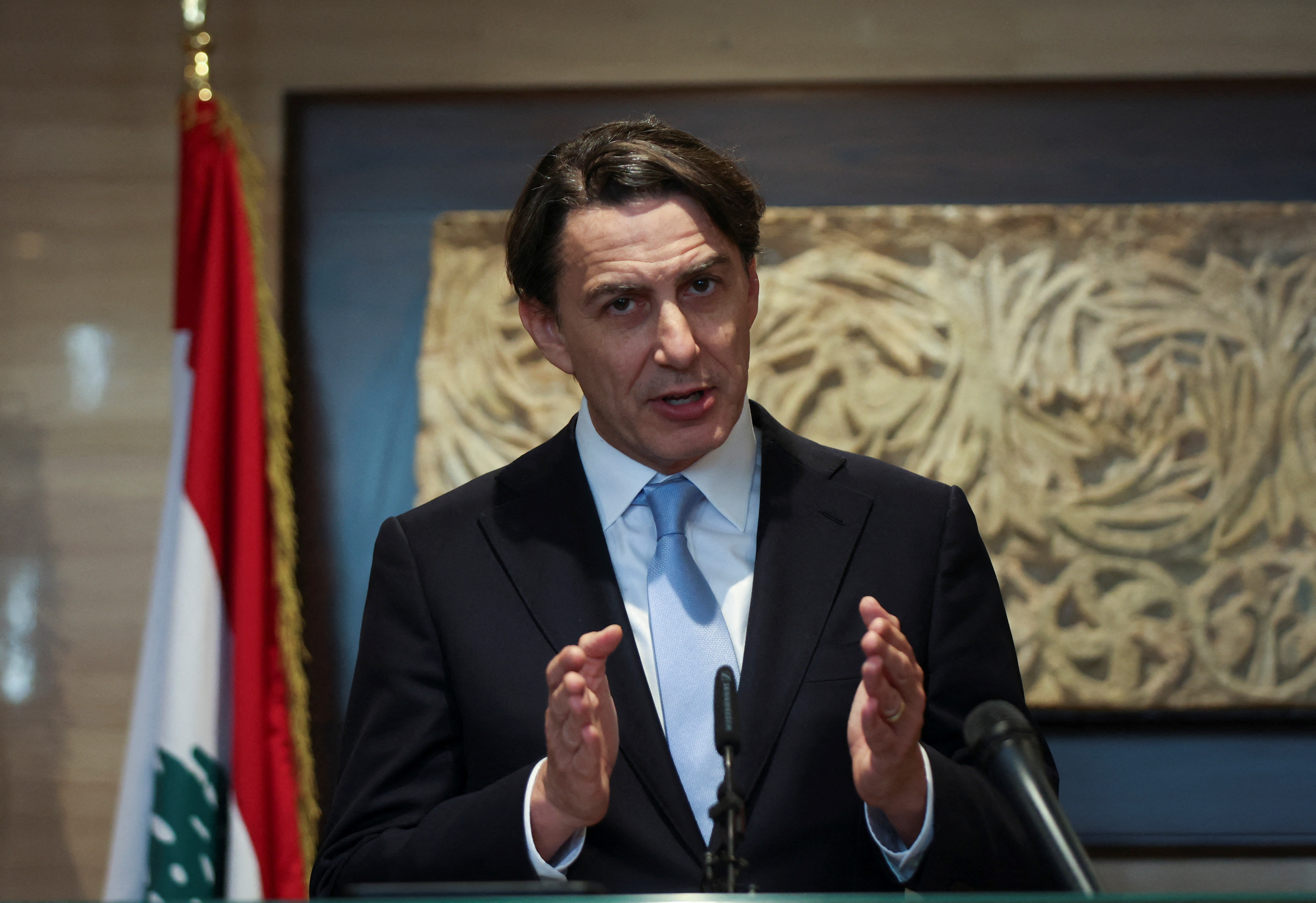U.S. envoy Amos Hochstein speaks during a press conference after meeting with Lebanese Parliament Speaker Nabih Berri in Beirut