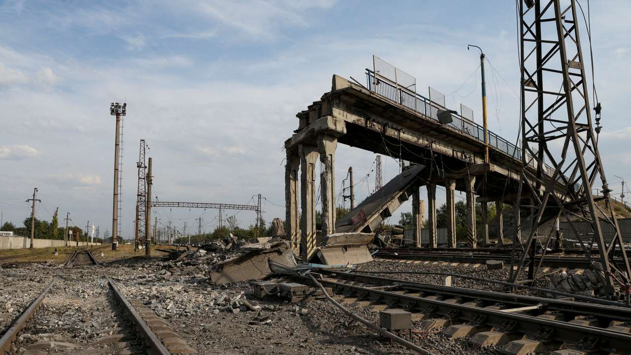 View shows a destroyed bridge in the town of Pokrovsk