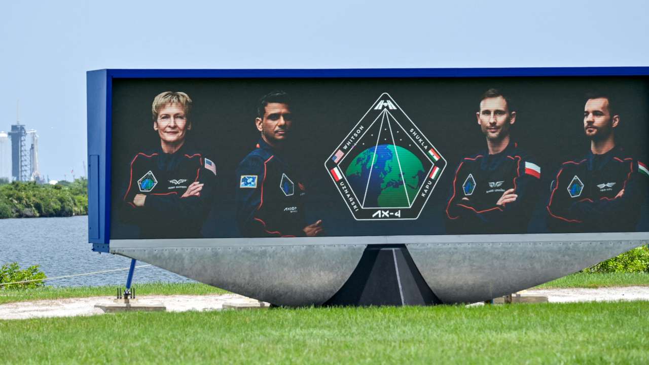 FILE PHOTO: Axiom-4 astronauts are pictured on the countdown video clock, in Cape Canaveral