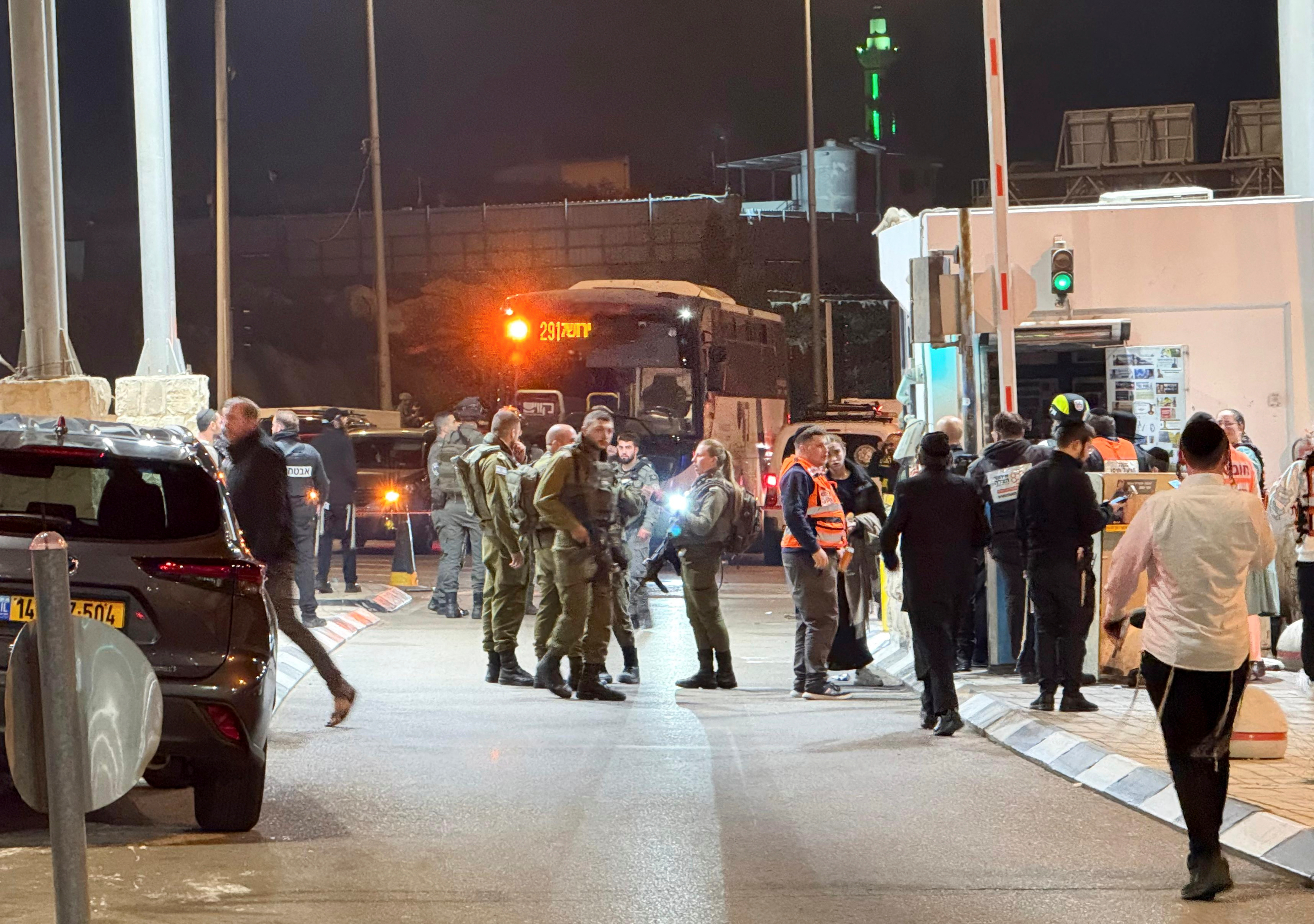 Scene of a suspected Palestinian shooting attack on an Israeli bus that, according to Israeli emergency services, killed a child and wounded others, near Beit Jala
