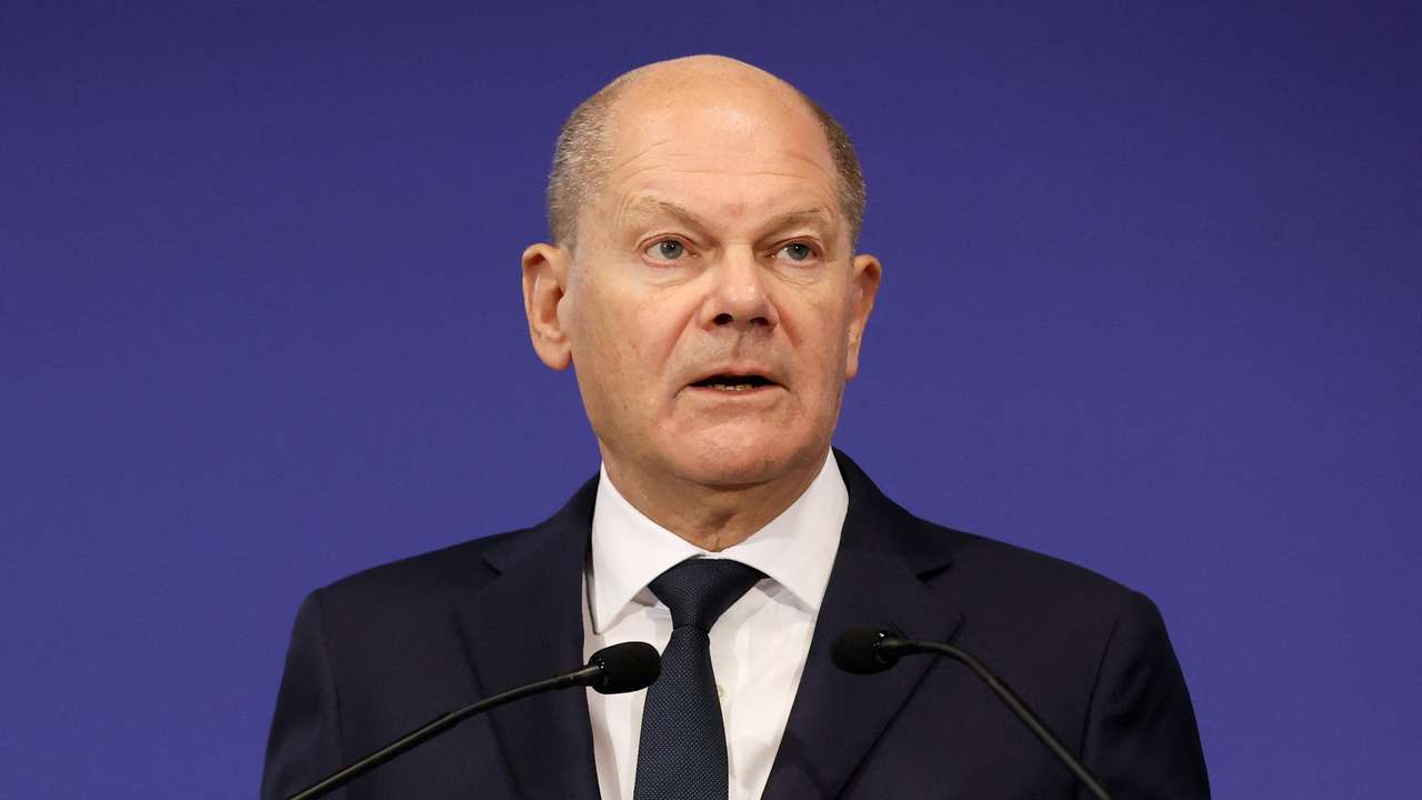 German Chancellor Olaf Scholz holds a press conference during an informal EU summit in Budapest