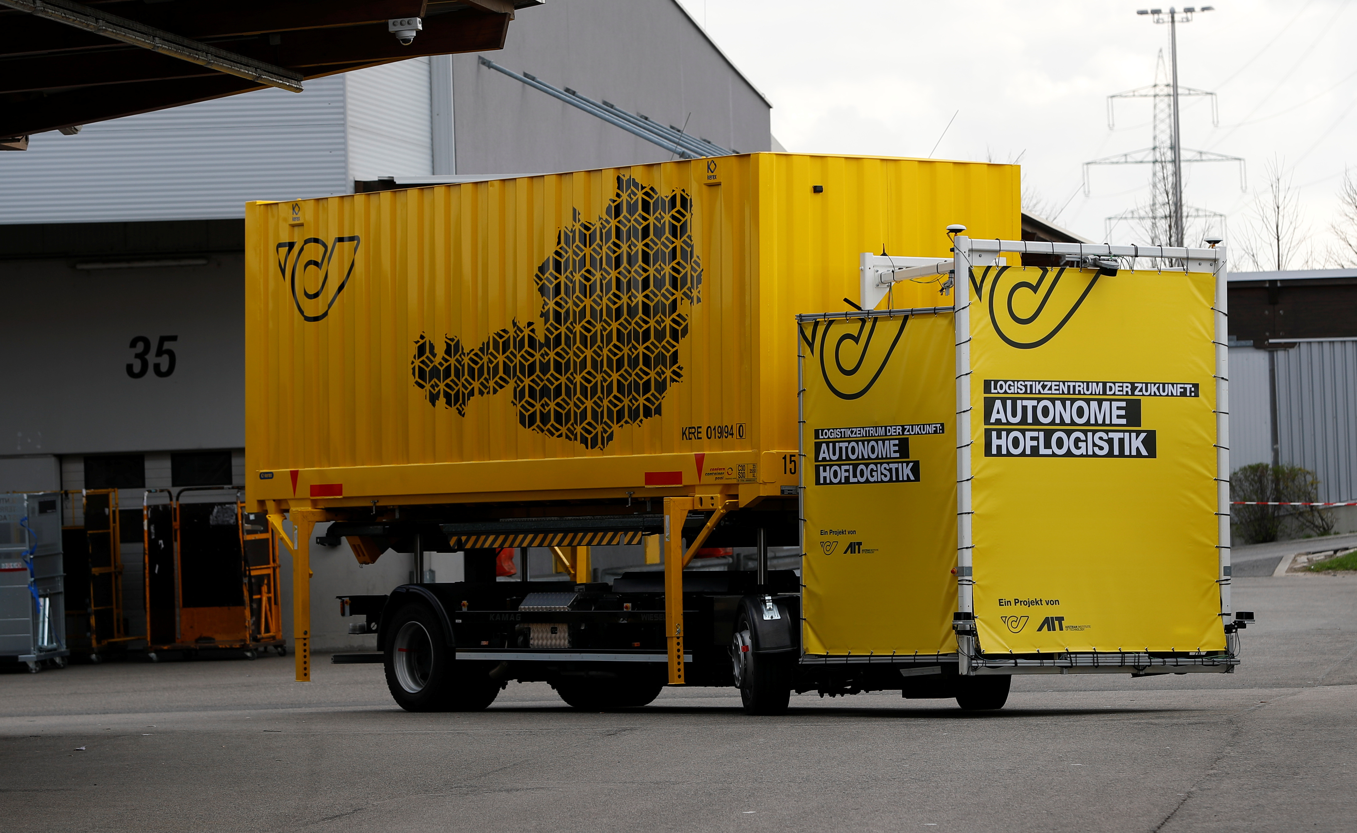 A self-driving truck is seen during its presentation at the Austrian Post logistics centre in Vienna
