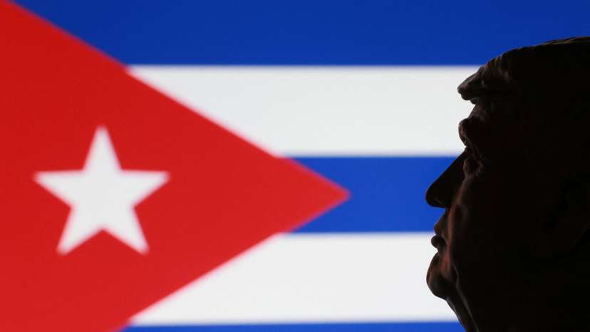 Illustration shows 3D printed miniature of U.S. president Donald Trump and Cuban flag