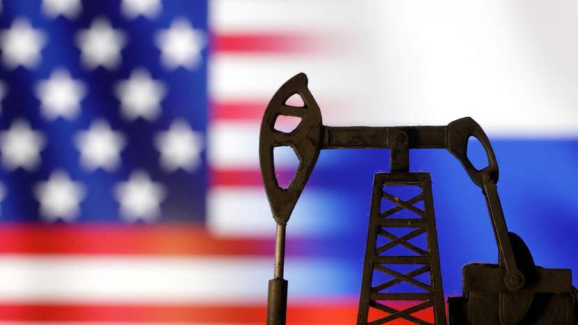Illustration shows Oil pump jack, U.S. and Russian flags