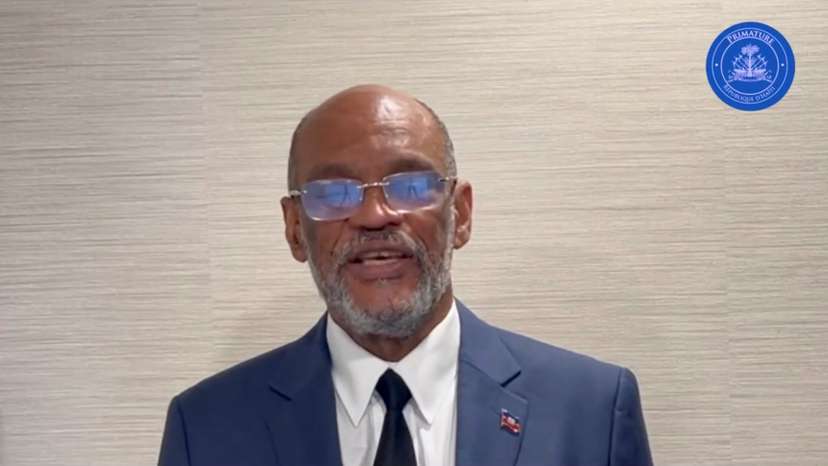 Haiti's Prime Minister Ariel Henry speaks while addressing the nation