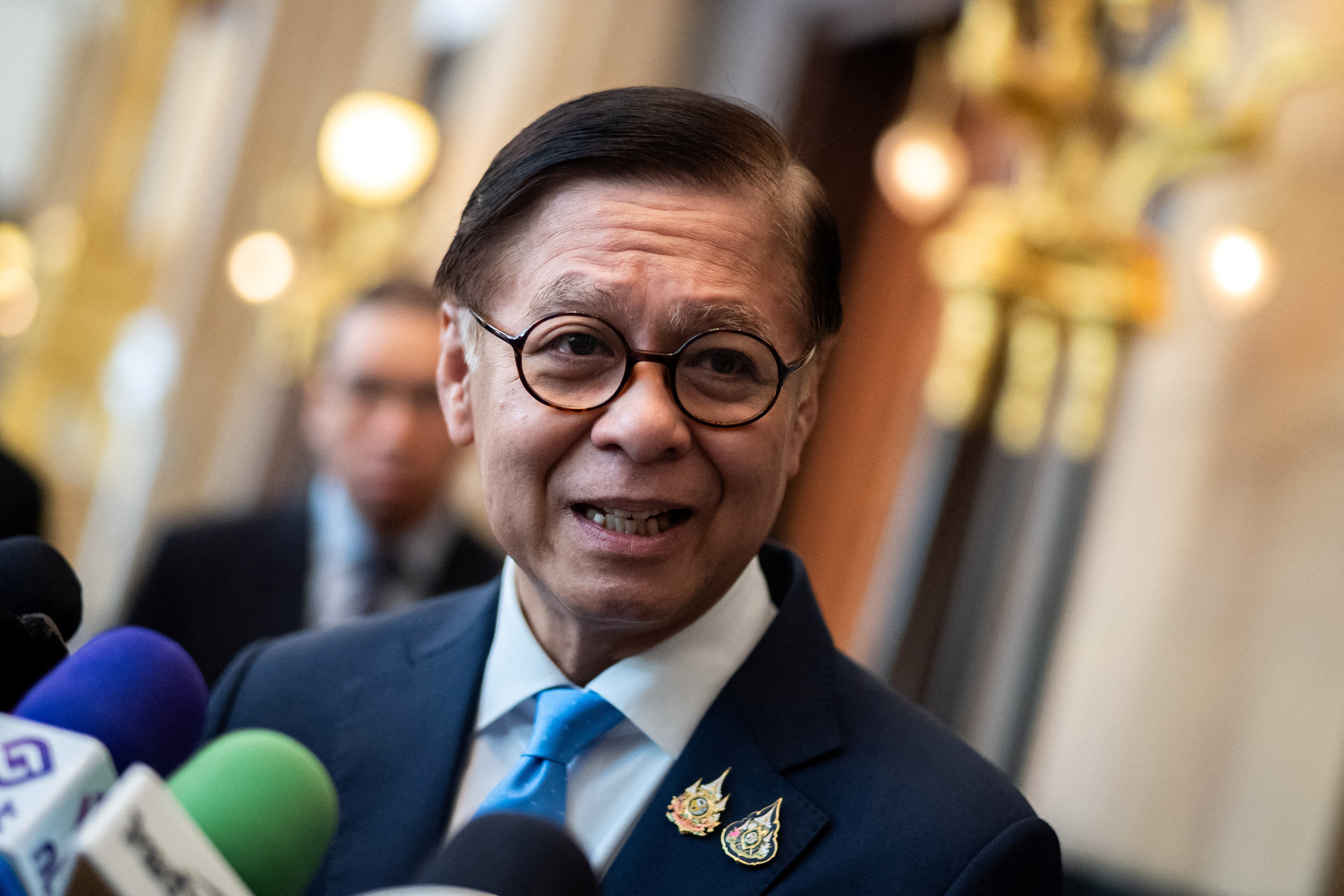Thailand's Foreign Affairs Minister Sihasak Phuangketkeow speaks to members of media in Bangkok