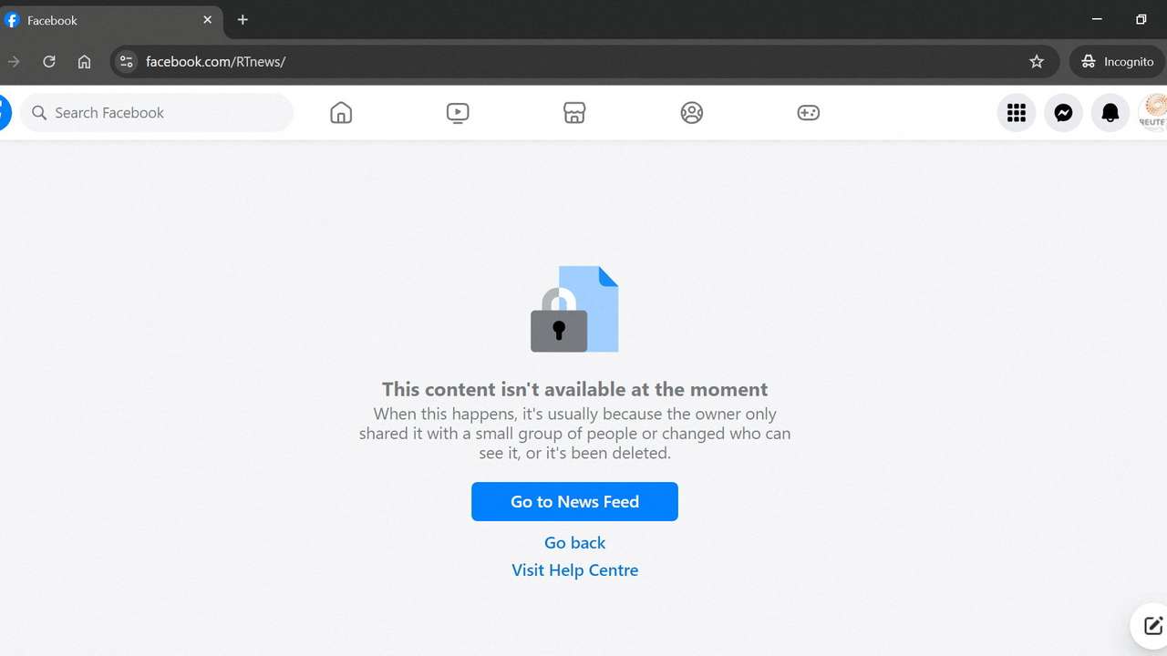The RT News Facebook page is seen to be unavailable after Meta banned RT and other Russian state media networks from its platforms