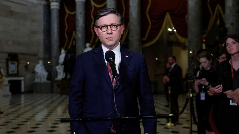 FILE PHOTO: Speaker of the House Mike Johnson (R-LA) speaks to the media after the Senate dismissed the House Republican impeachment charges against Homeland Security Secretary Alejandro Mayorkas in Washington