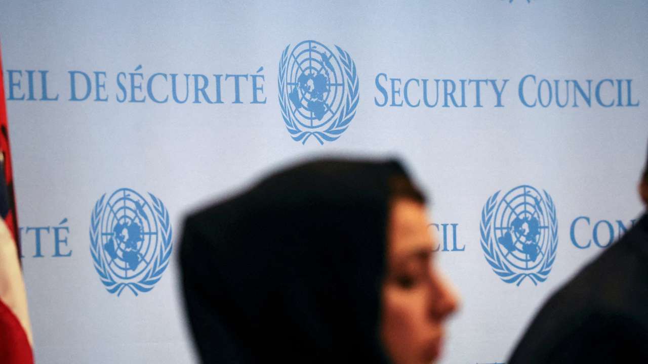 Reem Al Hashimy, UAE Minister of State for International Cooperation, stands during a press conference following the meeting of the Security Council on the conflict between Israel and Hamas, in New York