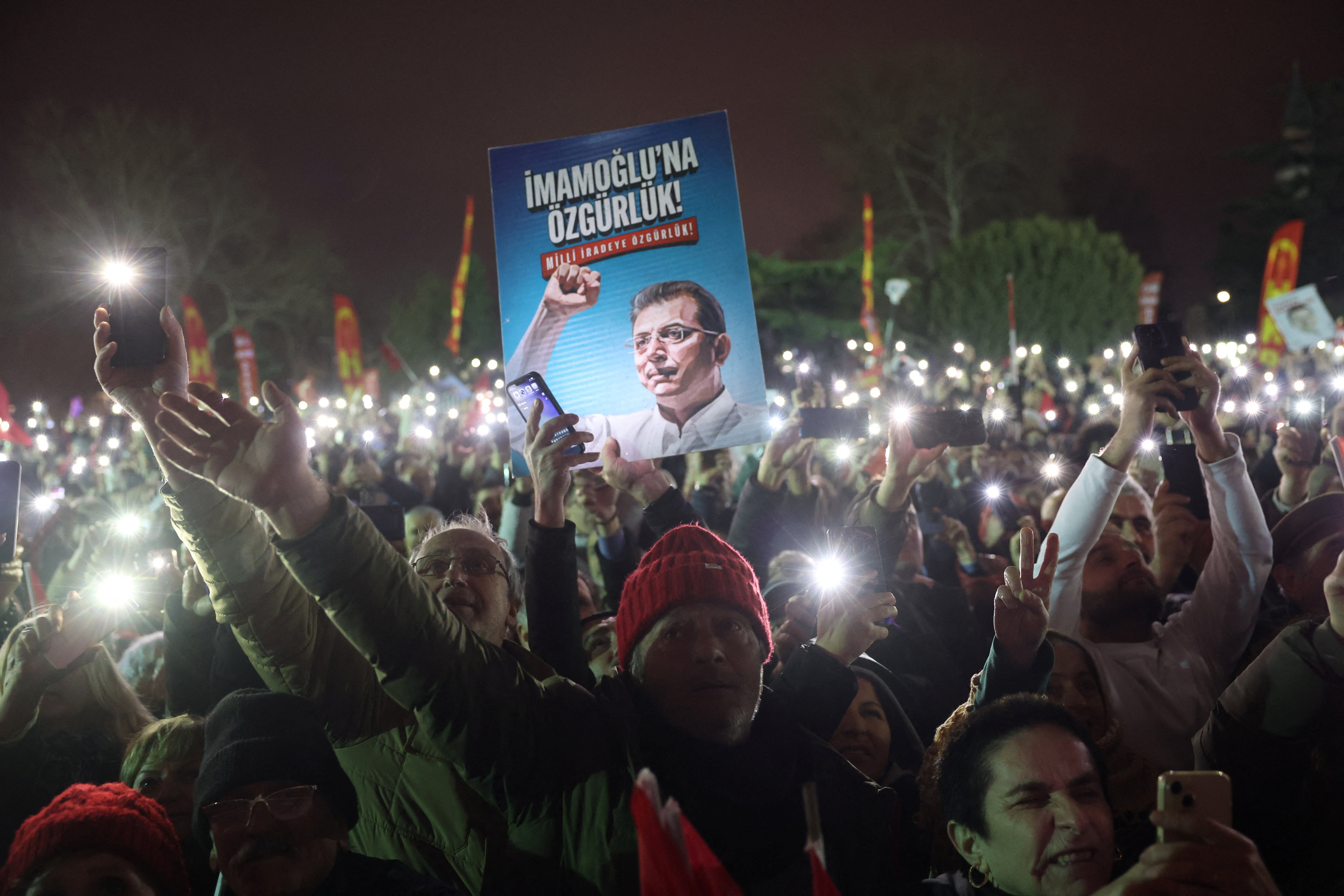 People gather in support of jailed Mayor Imamoglu at an opposition rally in Istanbul