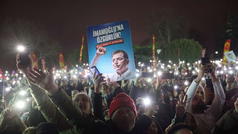 People gather in support of jailed Mayor Imamoglu at an opposition rally in Istanbul