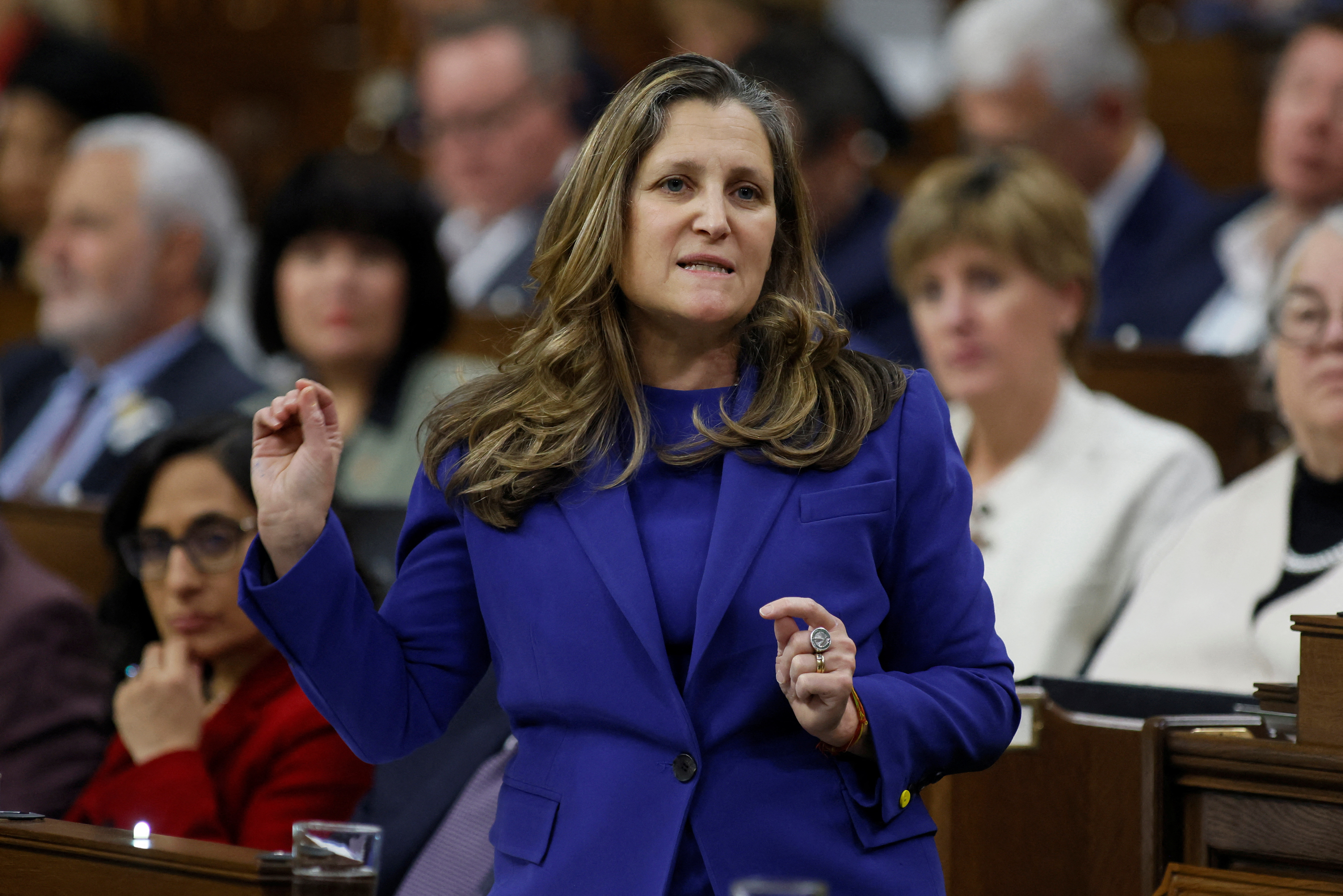 Canada's Deputy Prime Minister and Minister of Finance Chrystia Freeland speaks during Question Period in the House of Commons on Parliament Hill in Ottawa