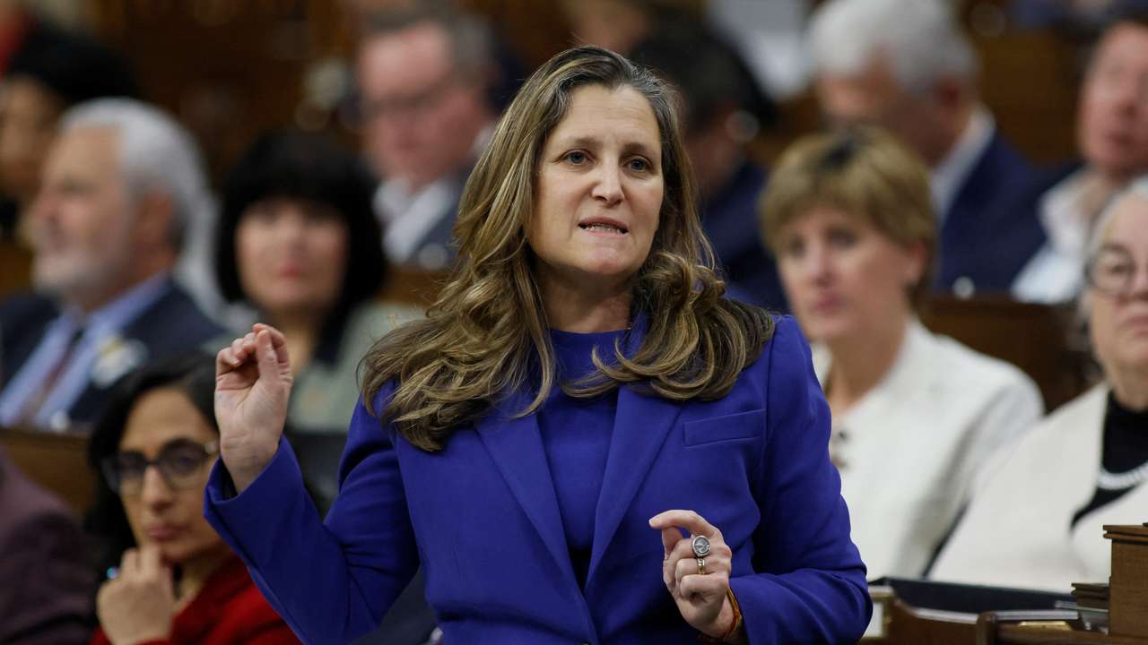 Canada's Deputy Prime Minister and Minister of Finance Chrystia Freeland speaks during Question Period in the House of Commons on Parliament Hill in Ottawa