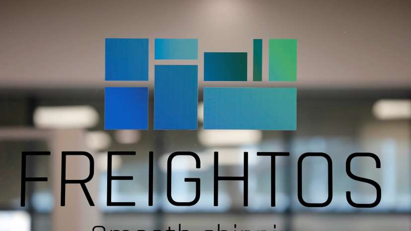 The logo of Freightos, an online marketplace for international shipping, is seen at their offices in Jerusalem