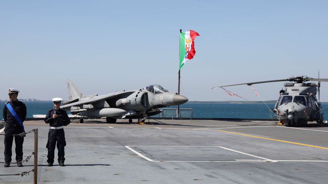 The aircraft carrier Cavour is pictured in port at Darwin