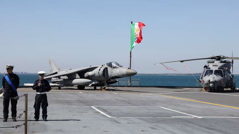 The aircraft carrier Cavour is pictured in port at Darwin