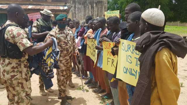 The Joint Task Force of Nigeria (North East) handling the surrendered Boko Haram terrorists