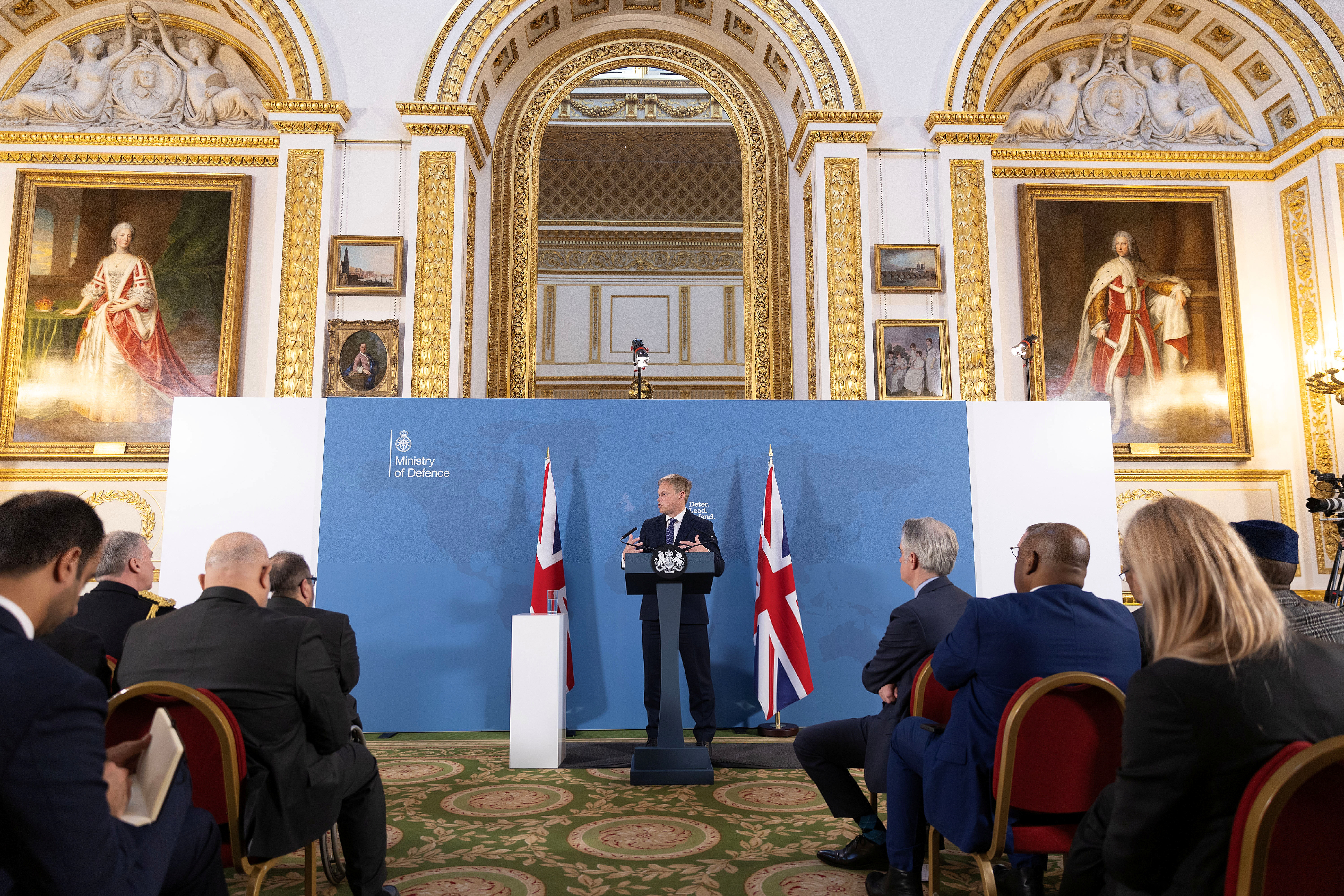 Britain's Defence Secretary Grant Shapps gives a speech at Lancaster House in London