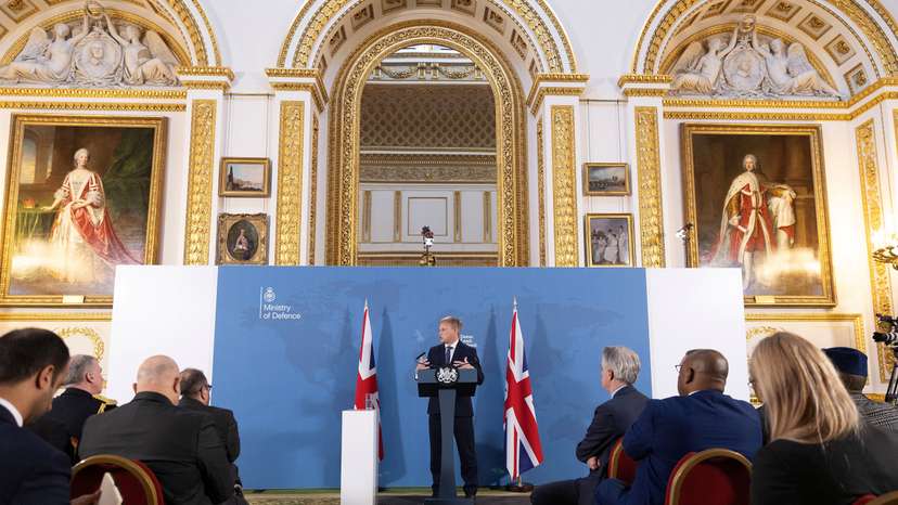 Britain's Defence Secretary Grant Shapps gives a speech at Lancaster House in London