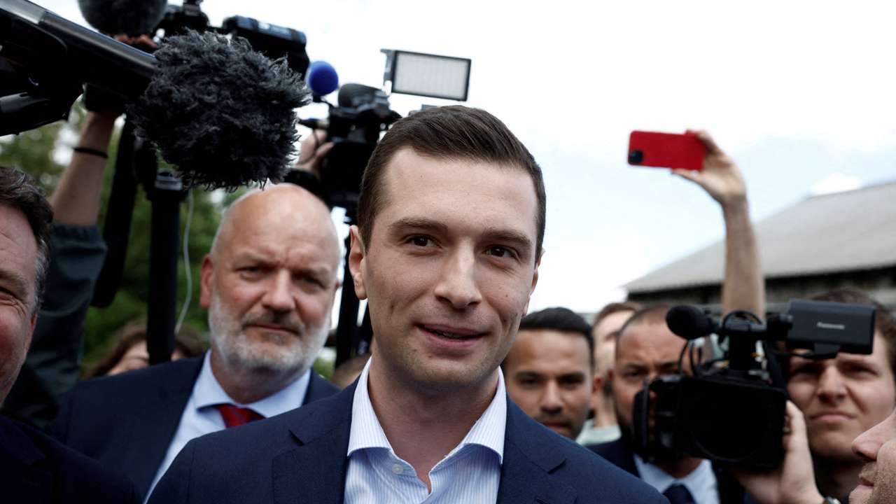 FILE PHOTO: President of the French far-right RN party Bardella makes first campaign visit for early legislative elections