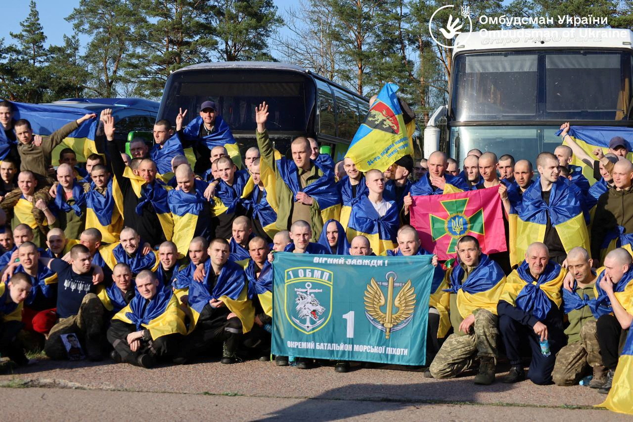 Ukrainian POWs pose for a picture after a swap in an undisclosed location in Ukraine