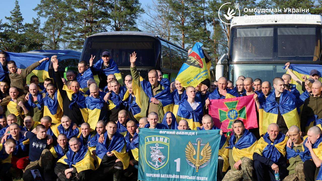 Ukrainian POWs pose for a picture after a swap in an undisclosed location in Ukraine