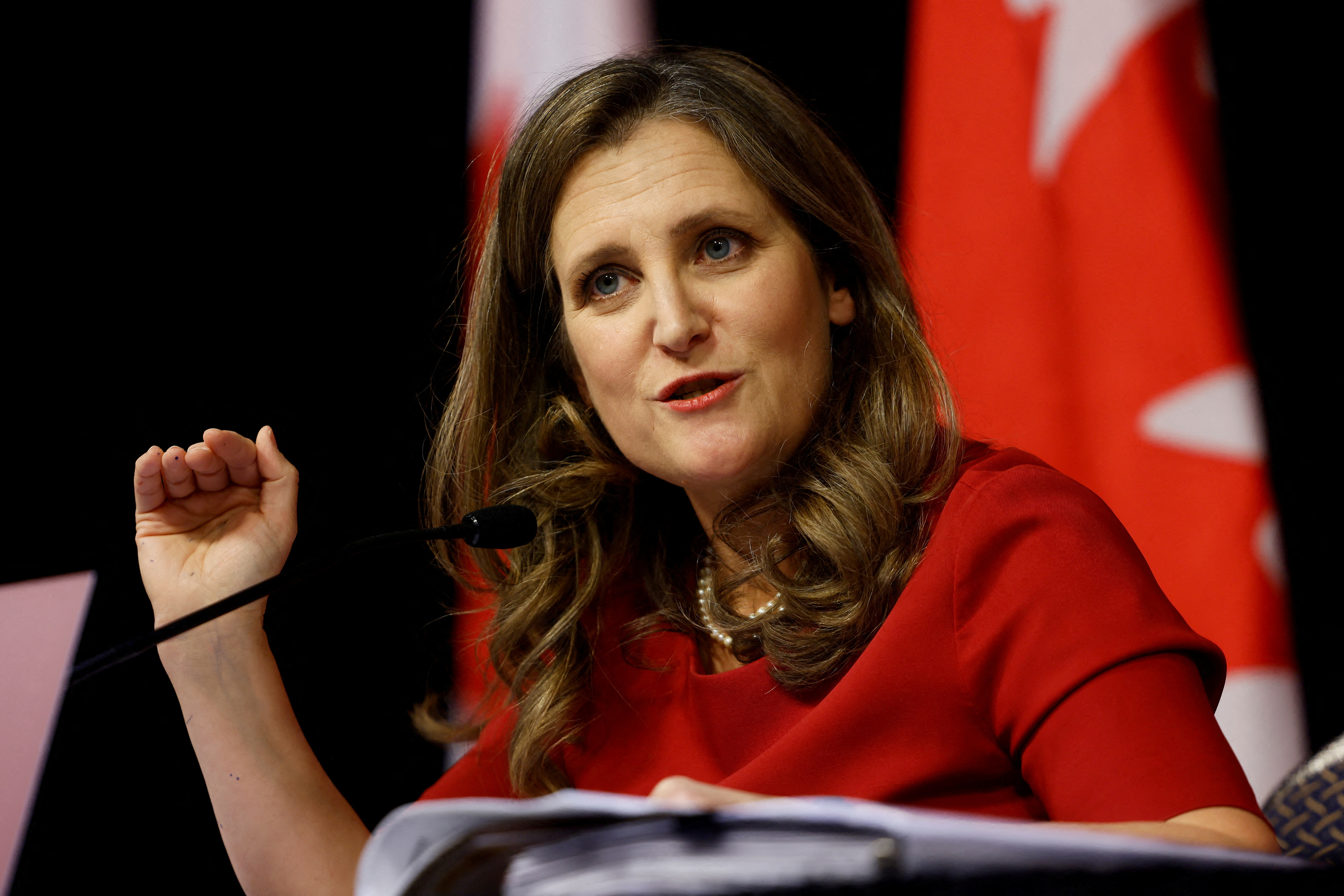 FILE PHOTO: Canada's Deputy Prime Minister and Minister of Finance Chrystia Freeland takes part in a press conference before delivering the fall economic update in Ottawa