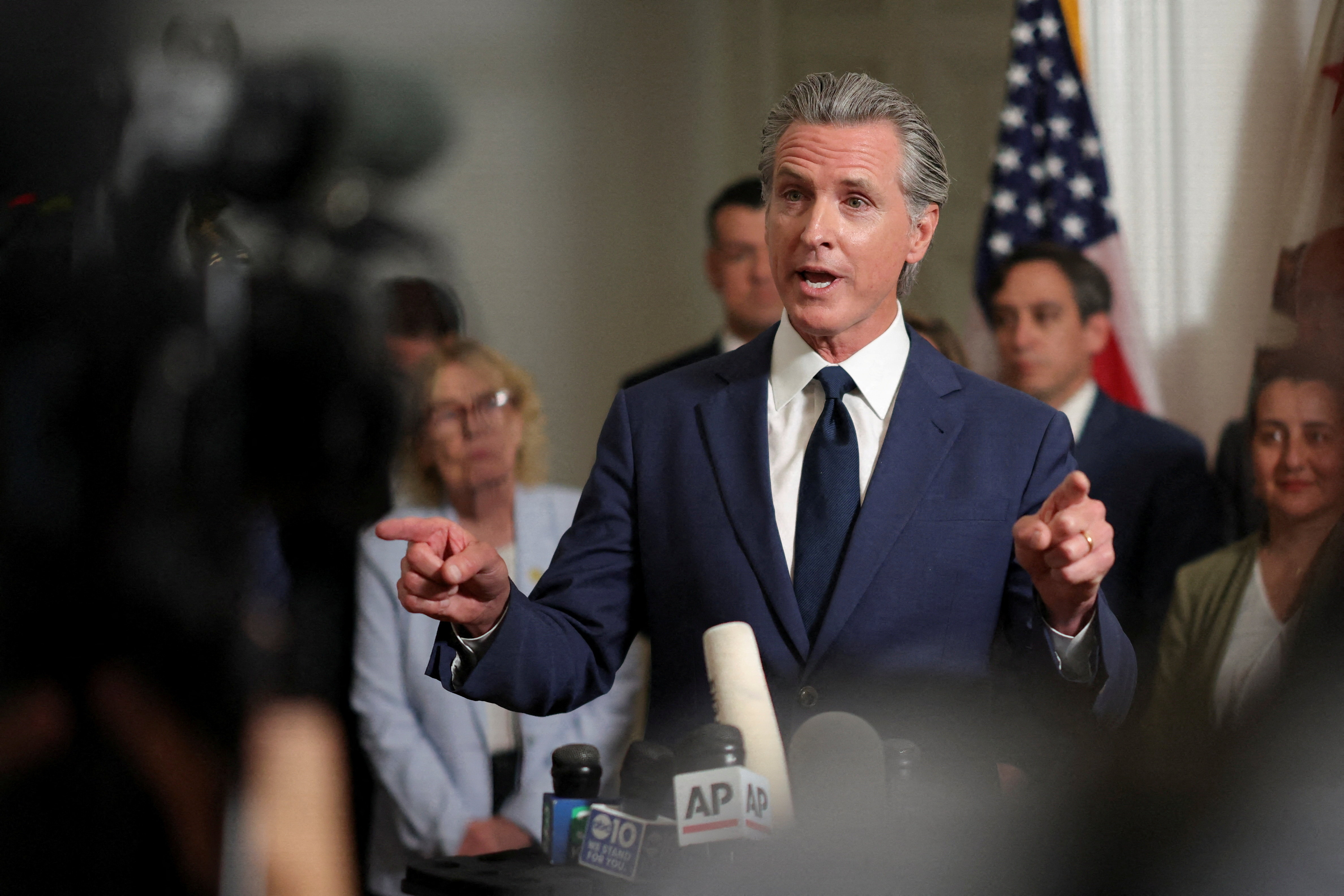 California Governor Newsom speaks at a press conference in Sacramento, California