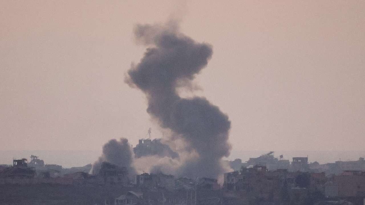 Smoke rises after an explosion in Gaza, seen from the Israel-Gaza border