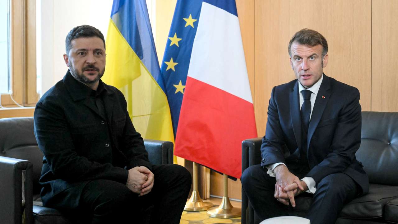 Ukraine's President Zelensky meets France's President Macron during a bilateral meeting, in Brussels