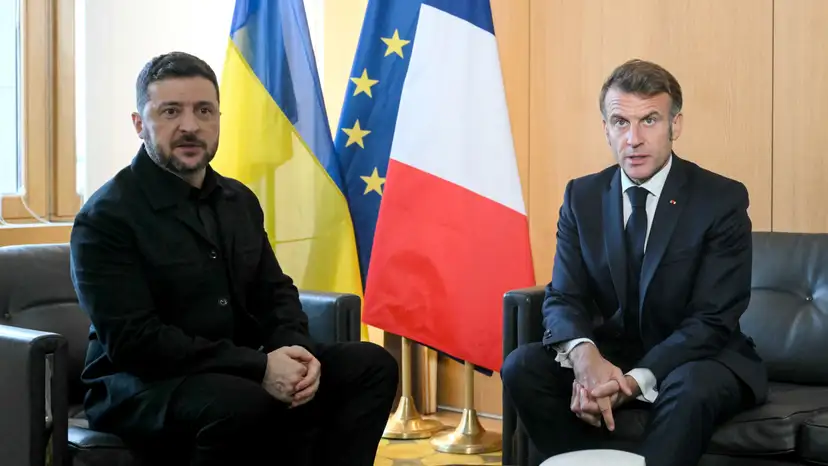 Ukraine's President Zelensky meets France's President Macron during a bilateral meeting, in Brussels