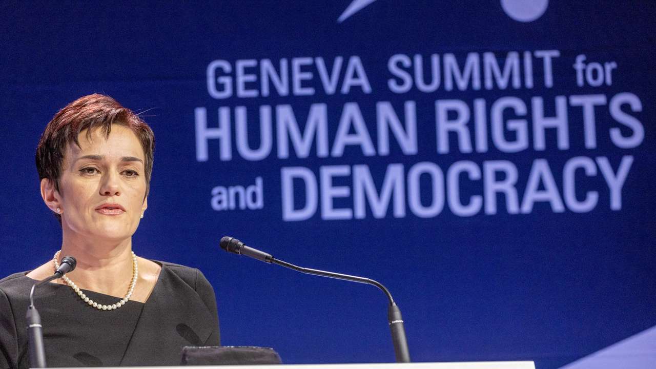 Evgenia wife of jailed Russian opposition figure Kara-Murza addresses the Geneva Summit for Human Rights and Democracy in Geneva