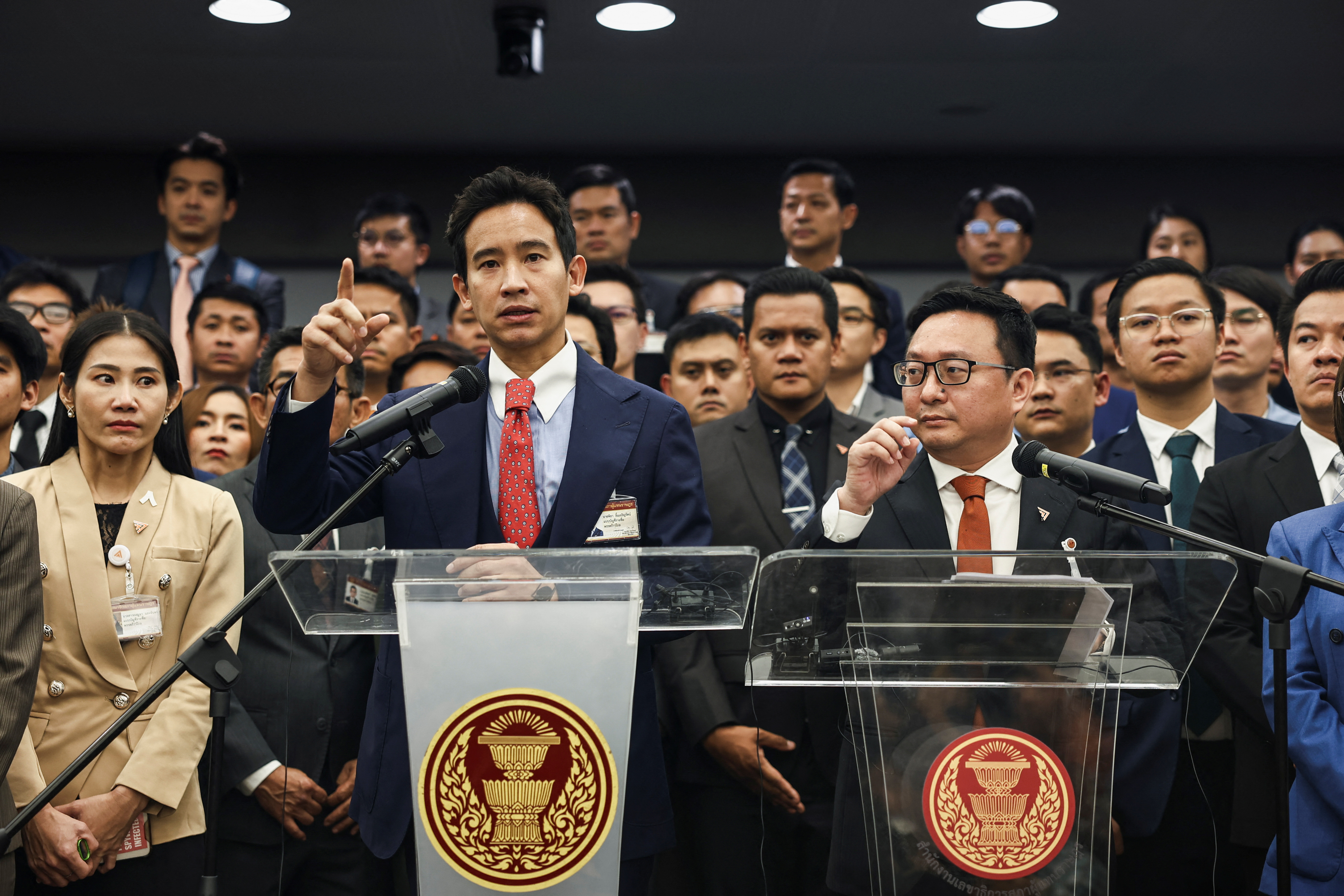 Former Move Forward Party leader Limjaroenrat reacts during a presser after Thailand's Constitutional Court delivered its verdict on the election winner's bid to amend a law against insulting the monarchy, in Bangkok