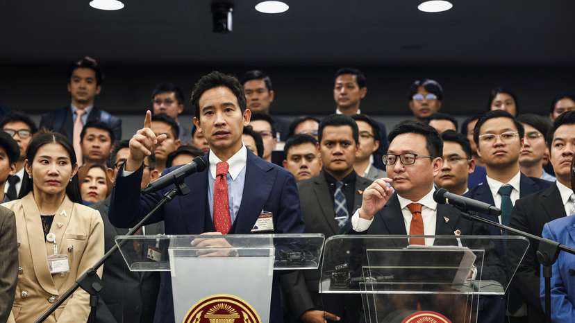 Former Move Forward Party leader Limjaroenrat reacts during a presser after Thailand's Constitutional Court delivered its verdict on the election winner's bid to amend a law against insulting the monarchy, in Bangkok
