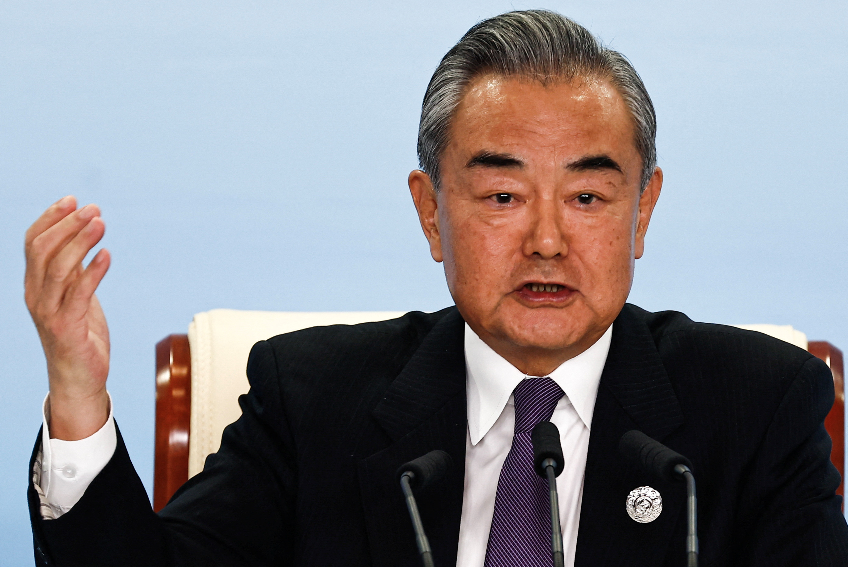 Chinese Foreign Minister Wang Yi speaks at a press conference of the Third Belt and Road Forum (BRF), at the media centre in Beijing
