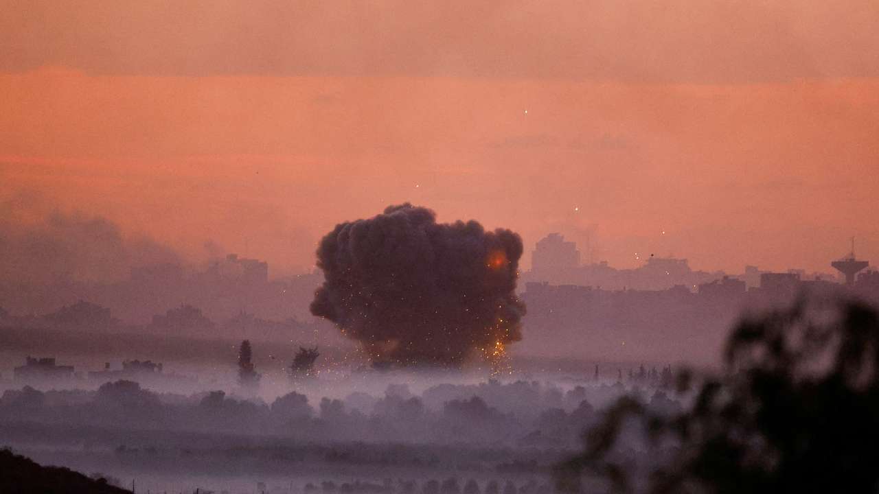 Smoke rises after Israeli air strikes in Gaza, as seen from southern Israel