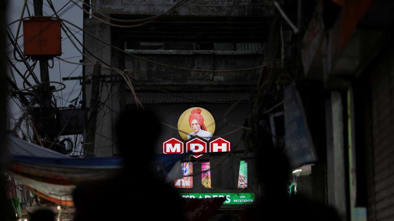 FILE PHOTO: A view of the logo of MDH, an Indian spice manufacturing company, on a shop in the old quarters of Delhi