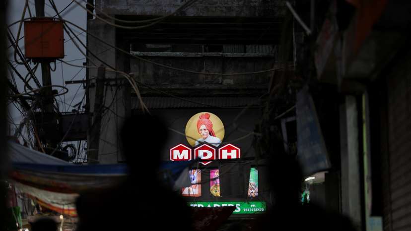 FILE PHOTO: A view of the logo of MDH, an Indian spice manufacturing company, on a shop in the old quarters of Delhi