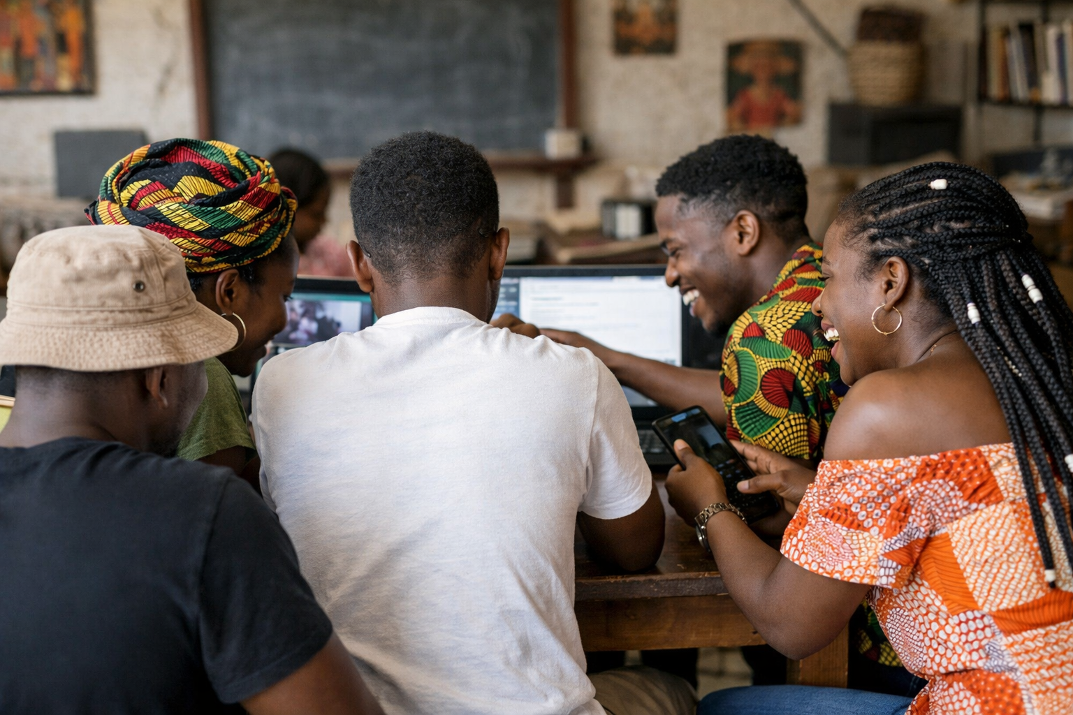A group of young Africans engaging with technology in a supportive setting. 