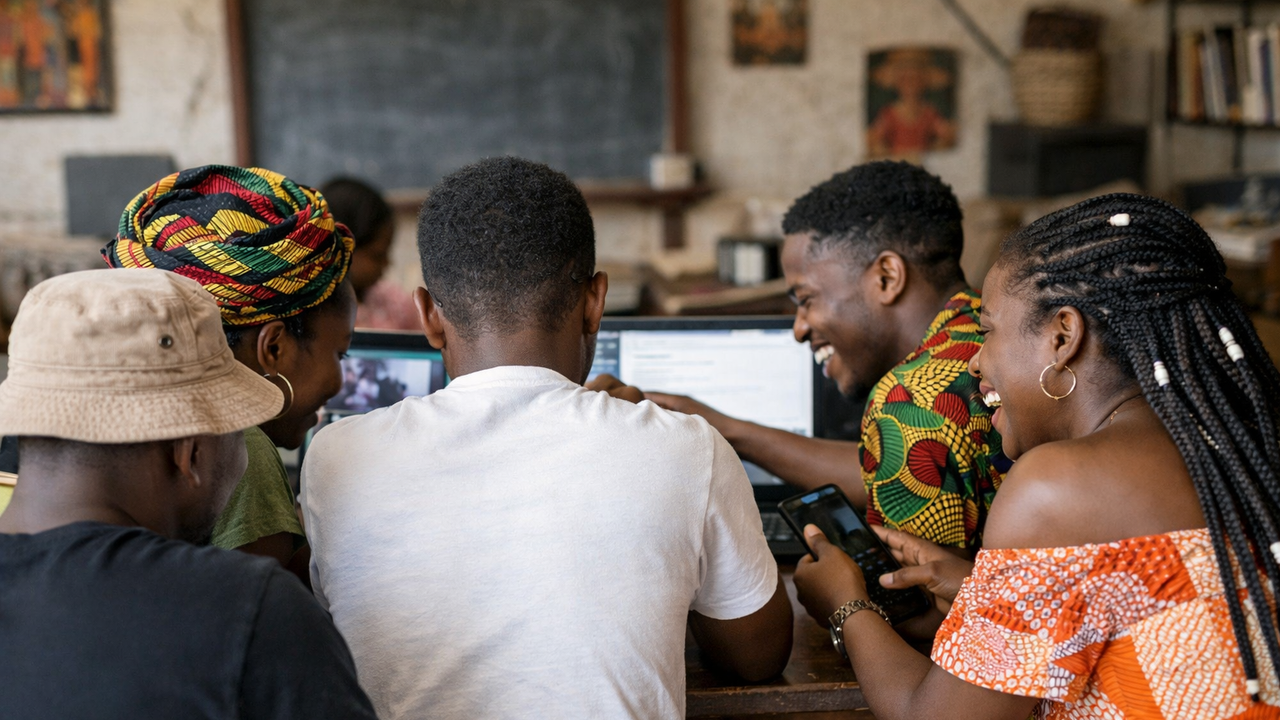 A group of young Africans engaging with technology in a supportive setting.