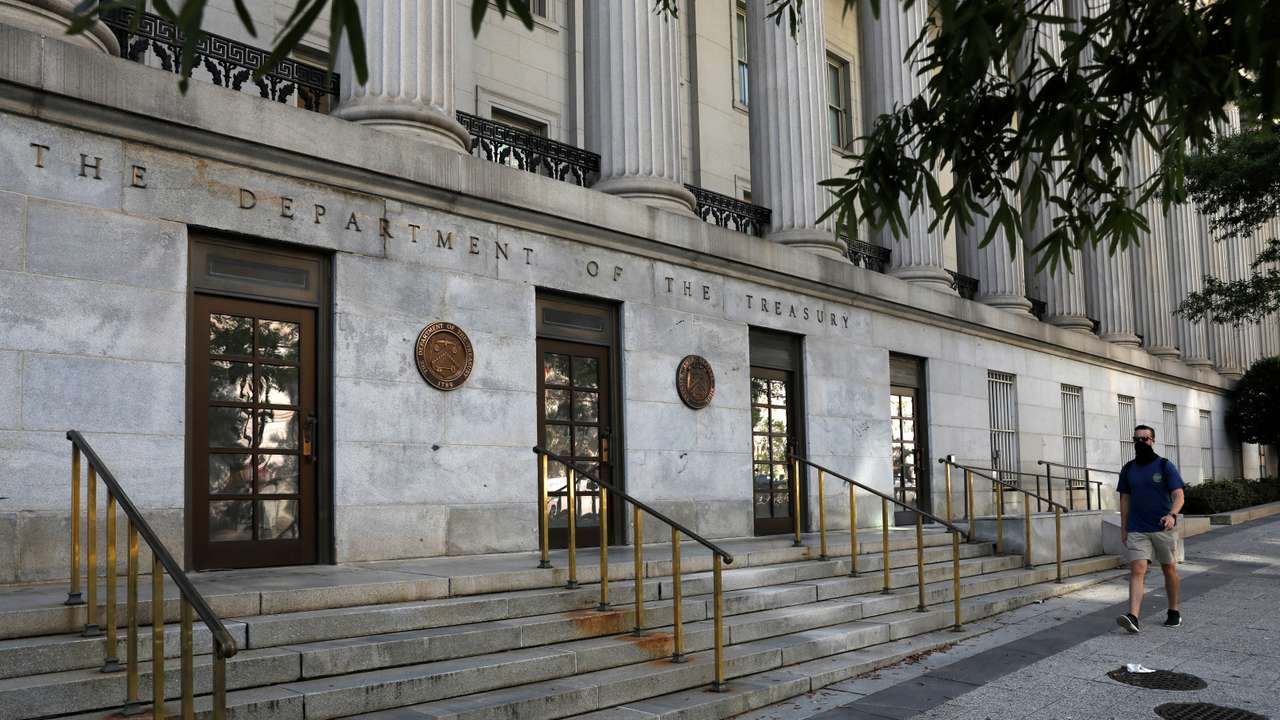 Signage is seen at the United States Department of the Treasury headquarters in Washington, D.C.