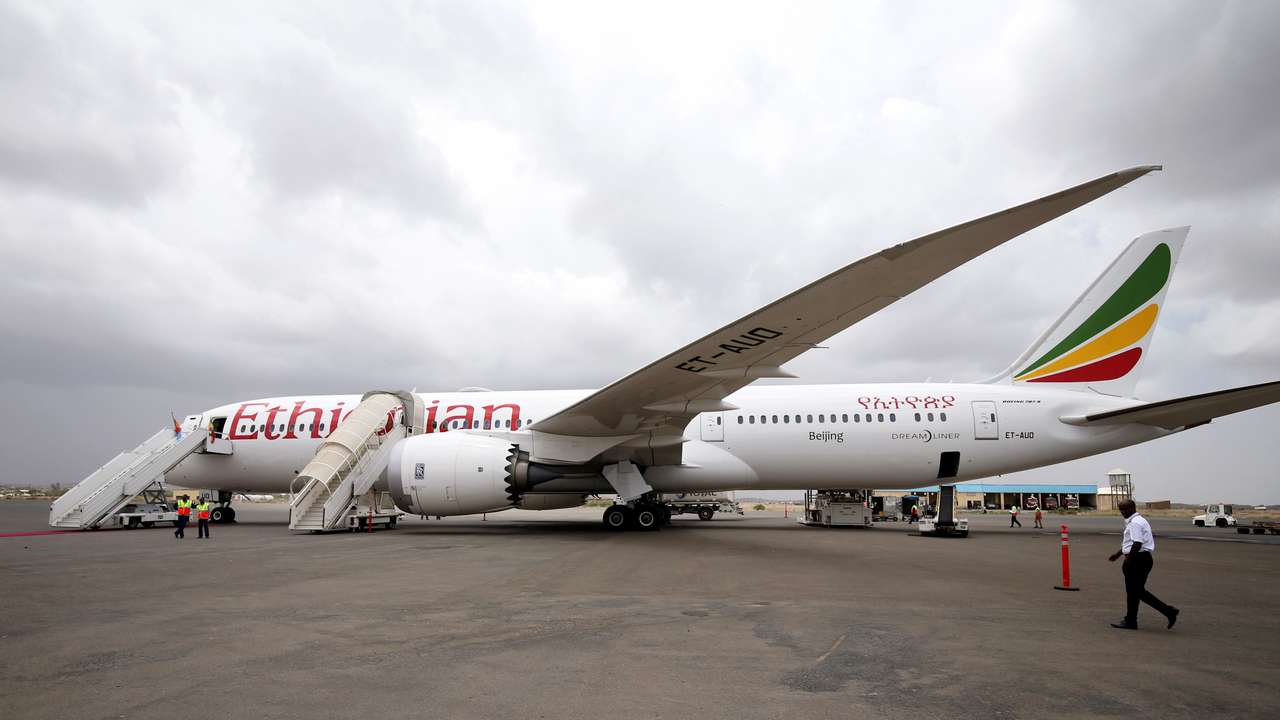 An Ethiopian Airlines Boeing 787 plane is seen at the Asmara International Airport in Asmara