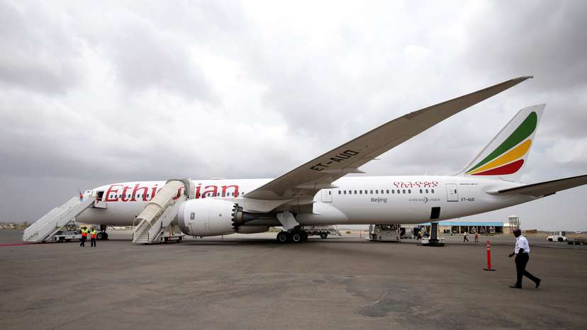 An Ethiopian Airlines Boeing 787 plane is seen at the Asmara International Airport in Asmara