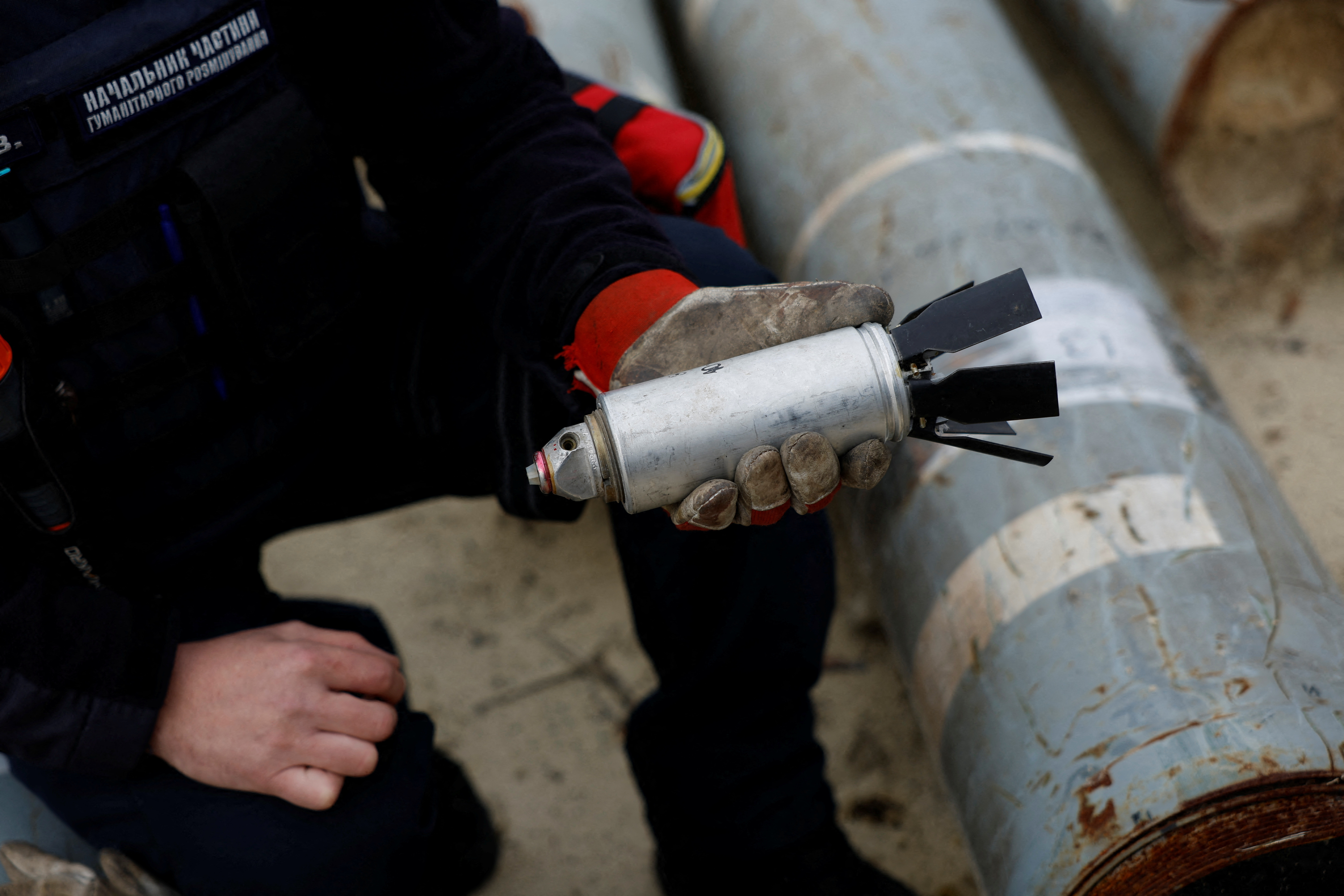 Ukrainian military displays parts of rockets used by Russian army in the region of Kharkiv