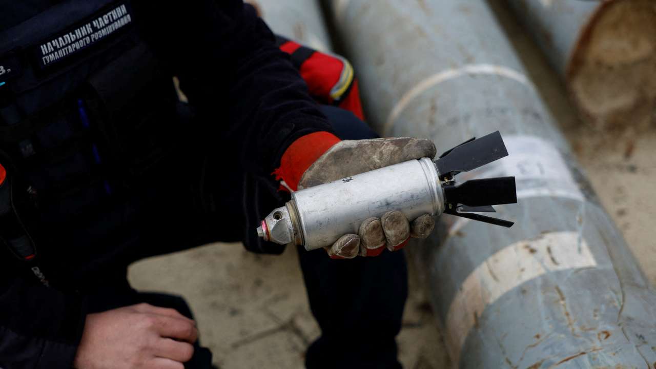 Ukrainian military displays parts of rockets used by Russian army in the region of Kharkiv