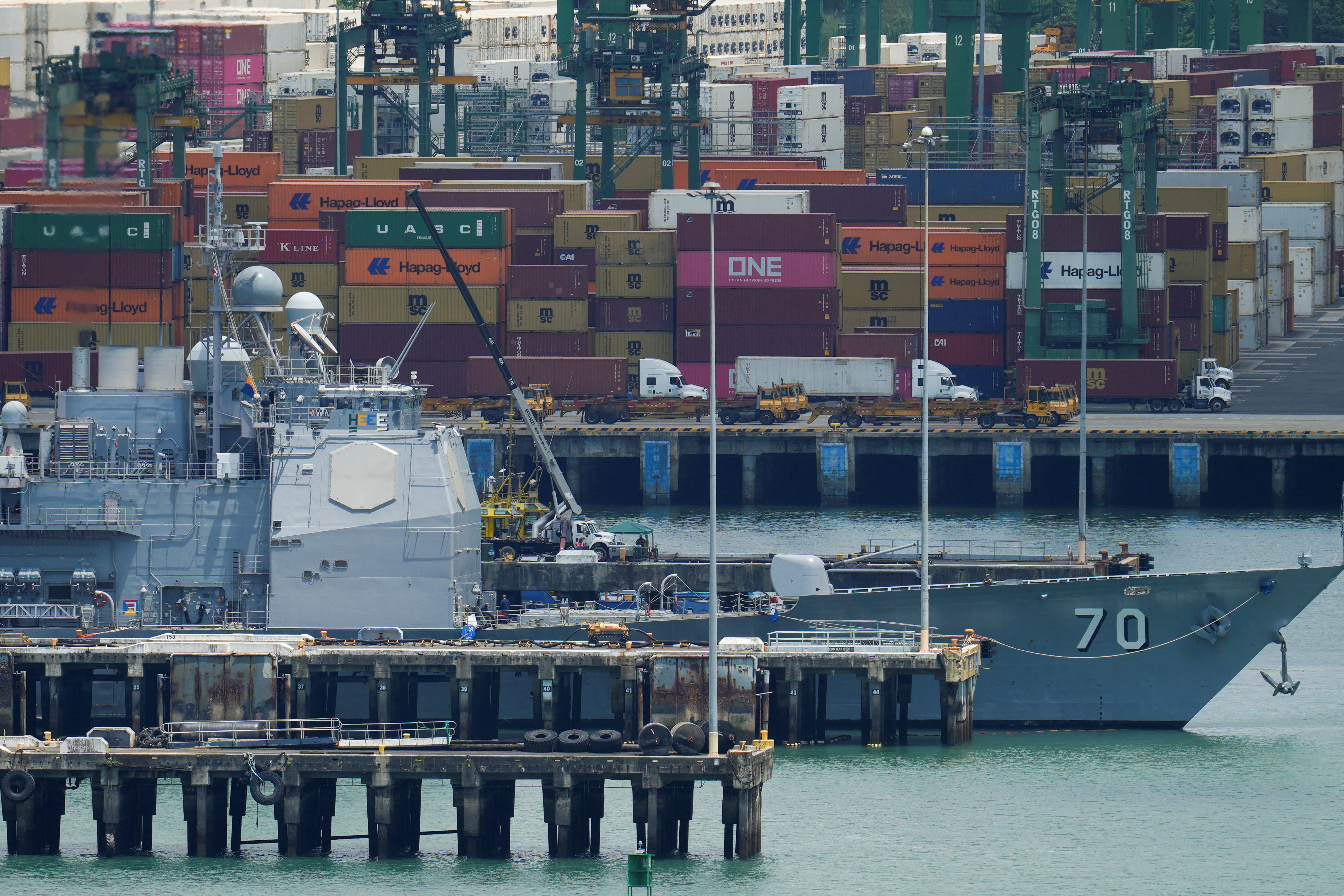 U.S. Navy guided missile cruiser docks at a naval base near the entrance to the Panama Canal