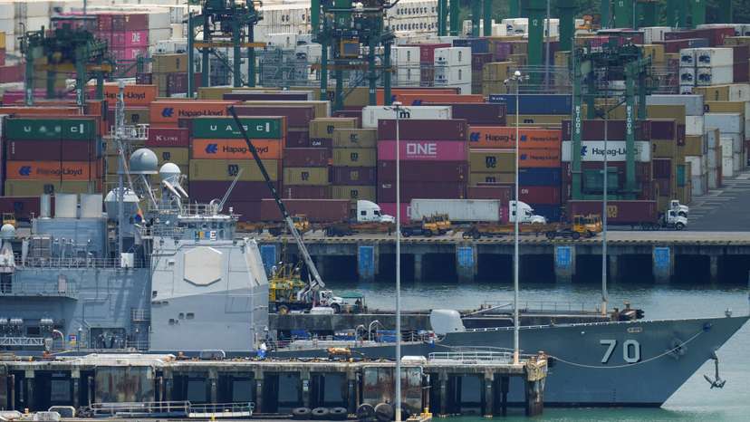 U.S. Navy guided missile cruiser docks at a naval base near the entrance to the Panama Canal